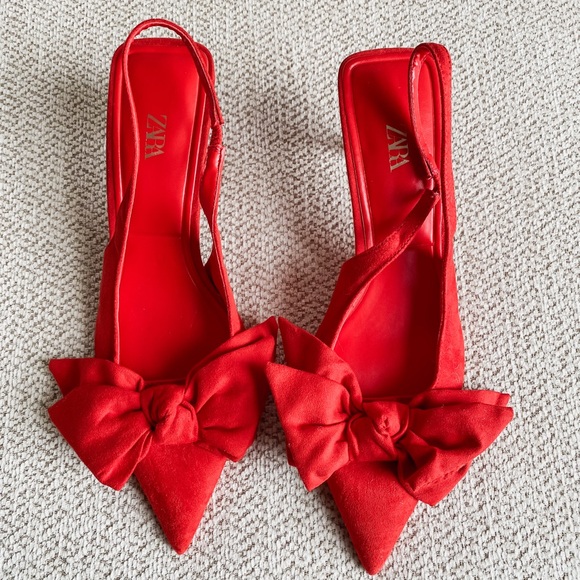 ZARA Red Bow Heel Point Toe Heels - Picture 3 of 7